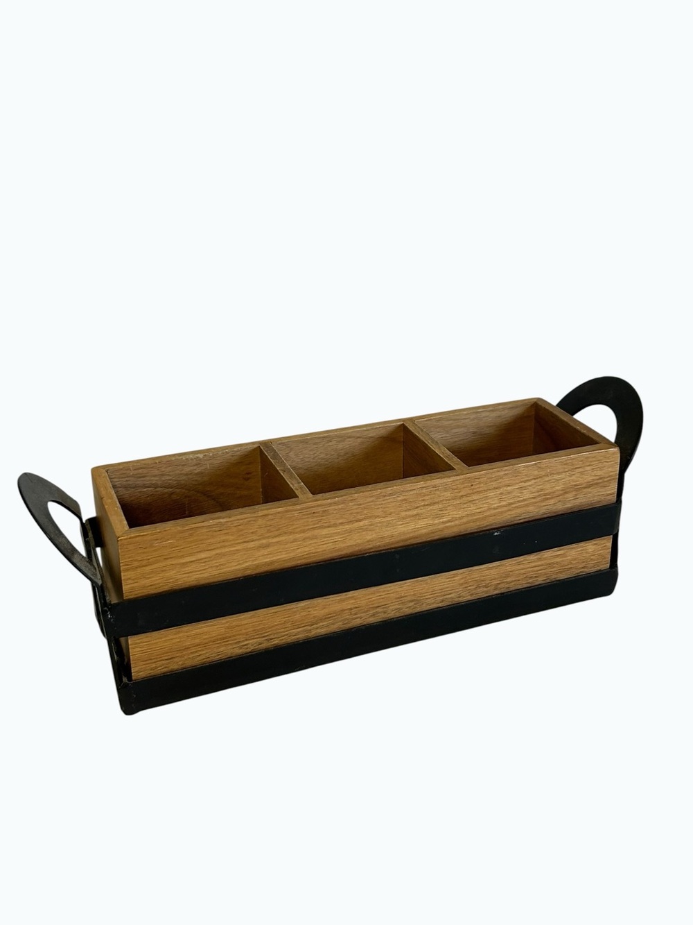 Rustic Wood & Metal 3-Compartment Utensil Caddy Organizer Flatware Holder